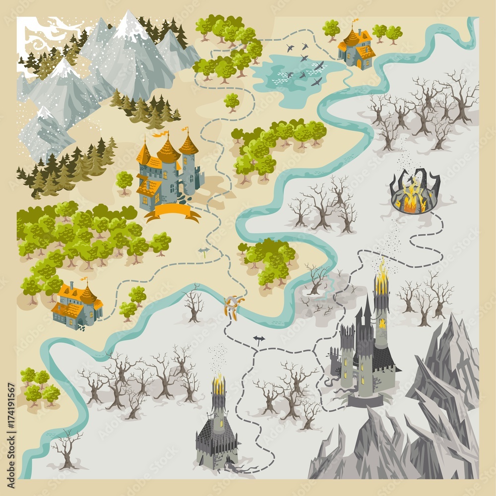 Canvas Prints fantasy adventure map elements with colorful doodle hand draw in vector illustration - map2 - Canvas Prints