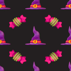 Handmade vector plasticine seamless pattern for Halloween isolated on dark background. Can be used for printing on textile, pattern fills, textures or gift wrap and wallpapers