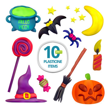 Handmade vector Plasticine set for Halloween. Vector illustration of moon, bat, pot, candle, pumpkin, broom, spider, candy, hat and lollipop isolated on white background