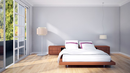 Modern bright bed room, interiors. 3D rendering