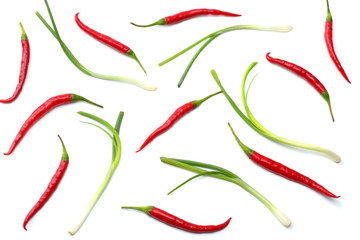 red hot chili peppers isolated on white background top view