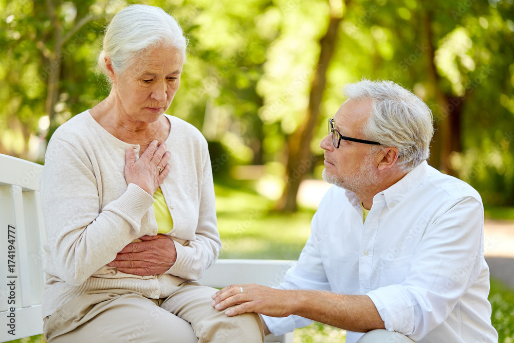 Sticker senior woman feeling sick at summer park