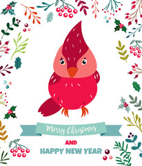 Holiday greeting card with cute robin bird