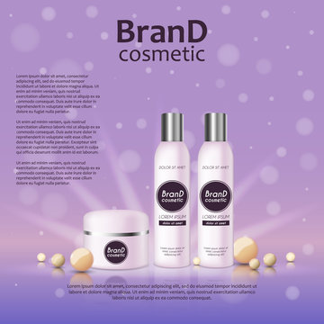 3D realistic cosmetic bottle ads template. Cosmetic brand advertising concept design on glowing background with pearls and sparkles