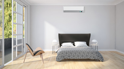 Modern bright bed room with air conditioning, interiors. 3D rendering