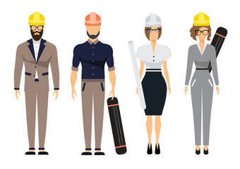 Engineers and architect set with civil engineering construction workers and surveyor isolated flat vector illustration