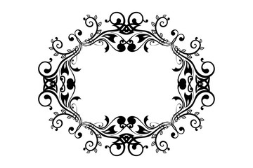 Round floral frame. Classic black baroque ornament on white background