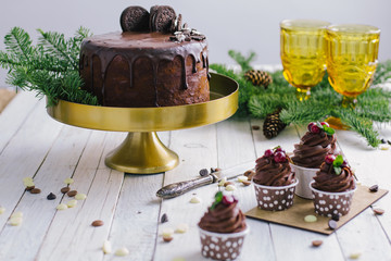 Dark chocolate cake with cookies and cupcakes berries on white wooden background