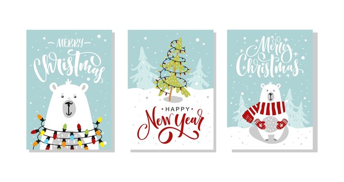 Set of Christmas and New Year greeting cards. Vector illustration. Hand drawn lettering.