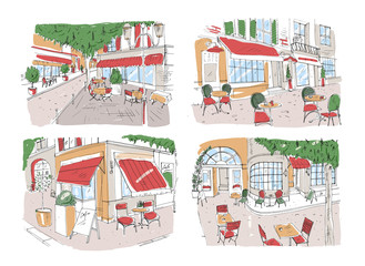 Set of colorful freehand drawings of sidewalk cafe or restaurant on city street. Colored sketches of tables and chairs standing outside of antique buildings. Beautiful hand drawn vector illustration.