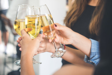 Group of women celebrating in a party, clinking glasses of wine,beer,liquor, spirit, booze with happy and relaxing feeling, party and celebration concept vintage tone