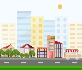 Fast food buildings street view Vector background