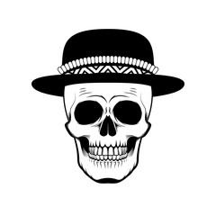 Graphic illustration of skull in hat . Black and white.
