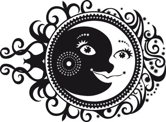 abstract pattern, crescent moon and sun symbol