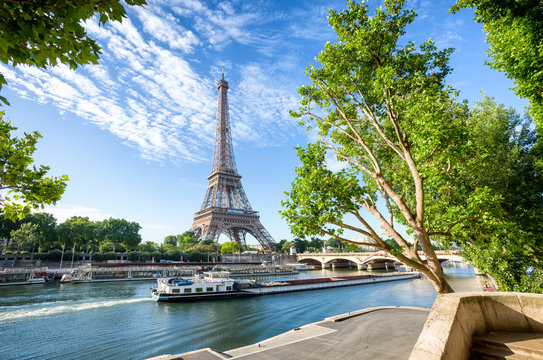 Seine in Paris with Eiffel Tower in sunrise time