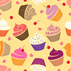 Seamless pattern with cupcakes. Various cakes with hearts and cherries on a yellow background.