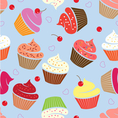 Seamless pattern with cupcakes. Various cakes with hearts and cherries on a blue background.