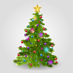 The Christmas tree is decorated with balls, a garland and a golden star