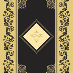 Vintage  luxury greeting card. Vector ornate  border. Golden frame on a dark background.  Template for design. 