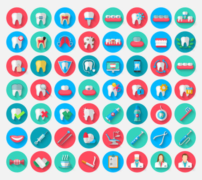 Dentistry icons isolated in a flat design style. Vector Illustration Symbols elements on the topic of stomatology and orthodontics, dental care, caries, prosthetics, transparent and metal braces