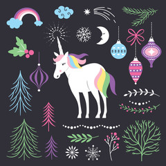 Christmas Set with Unicorn and design elements