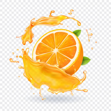 Orange juice splash. Realistic 3d fruit