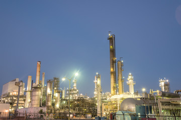 Oil refinery, oil factory, petrochemical plant at blue hour in Corpus Christi, Texas, USA.