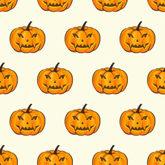 Halloween Seamless Pattern Isolated Wrap Wallpaper With Terrible Pumpkins In A Cartoon Style. Vector illustration of Halloween theme for your projects