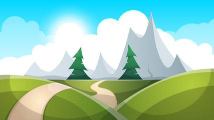 Cartoon landscape illustration. Sun. road, cloud hill Vector eps 10