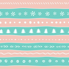 Naklejka premium Christmas pastel color pattern with snowflakes, tree, dots. Seamless cute soft color hand drawn texture. Vector design decor background.