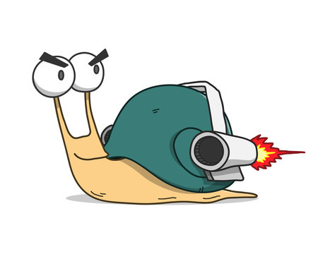 Snail Wearing Turbo Rocket Speed Booster, a hand drawn vector doodle illustration of a fast moving snail wearing rocket.