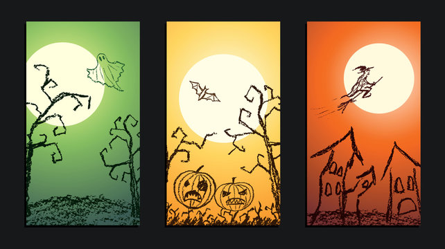 Set of vector crayon drawn halloween  background banner with hand drawing spooky naked trees, moon, old house, witch, ghost, bat and pumpkin. Chalk pastel or pencil style simple grunge horror design.