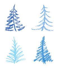 Crayon like child's drawing style of merry christmas tree set. Hand drawn pastel blue color. Simple fluffy texture fir-tree like kids painting vector illustration.
