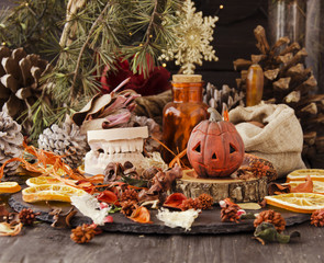 decorative pumpkin for Halloween with dried flowers
