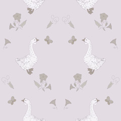 Delicate seamless pattern with geese and wildflowers