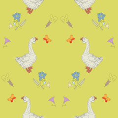 Multicolored seamless pattern with geese and wildflowers