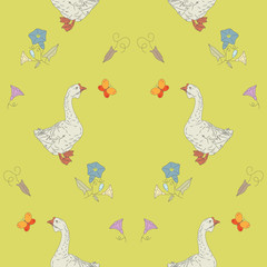 Multicolored seamless pattern with geese and wildflowers