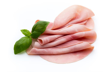 Sliced boiled ham sausage isolated on white background, top view.