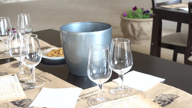 Kherson, Ukraine  - 14th of May, 2016: Wine tour to the Chateau of Trubetskoy  - Set tables in wine testing hall