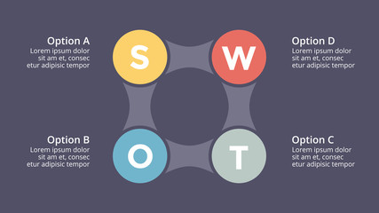 Vector SWOT analysis square metaball infographic, cycle diagram, graph, presentation chart. Business concept with 4 options, parts, steps, processes. 16x9 dark slide template.