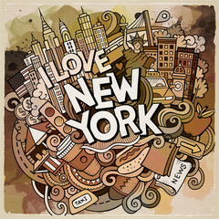 Cartoon cute doodles hand drawn I Love New York inscription