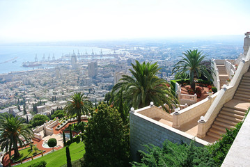 Panorama of Haifa and view of the Bahai Gardens and the Bahai Temple. Israel