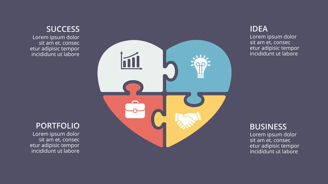 Vector puzzle heart love valentine infographic, cycle diagram, graph, presentation chart. Business concept with 4 options, parts, steps, processes. 16x9 dark slide template.