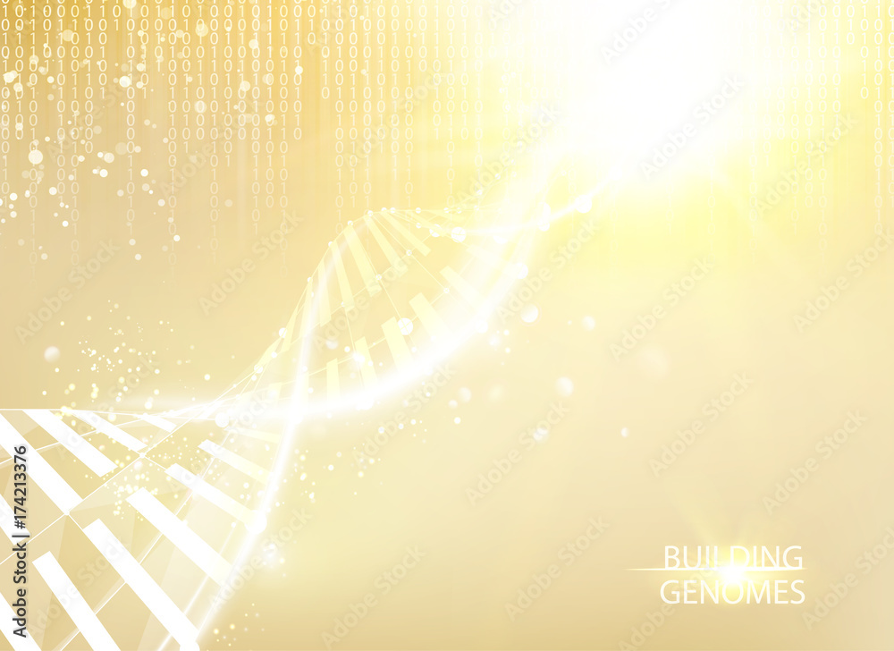 Poster scince illustration of bigdata with dna molecule. abstract binary code in matrix style over golden b