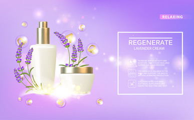 Women care cosmetic in beautiful bottles over violet background. Lavender cream and oil. Moisturizer with Vitamins and Regenerate Cream containes lavender essence. Vector illustration.