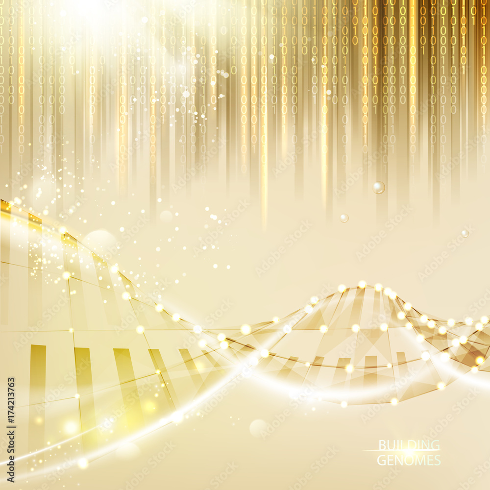Poster genome bigdata visualization. dna chain over abstract golden background with falling arrays of digit