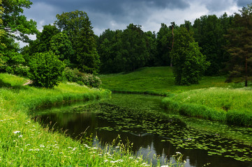 Summer landscape with river in the park of Pavlovsk, Saint-Petersburg
