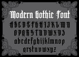 Vector modern gothic alphabet in frame. Vintage font. Typography for labels, headlines, posters etc. 