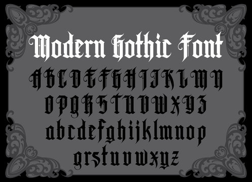 Vector modern gothic alphabet in frame. Vintage font. Typography for labels, headlines, posters etc. 