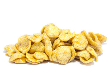 Fied sweet potato chips, Coated with butter caramel sweet. on white background. on white background
